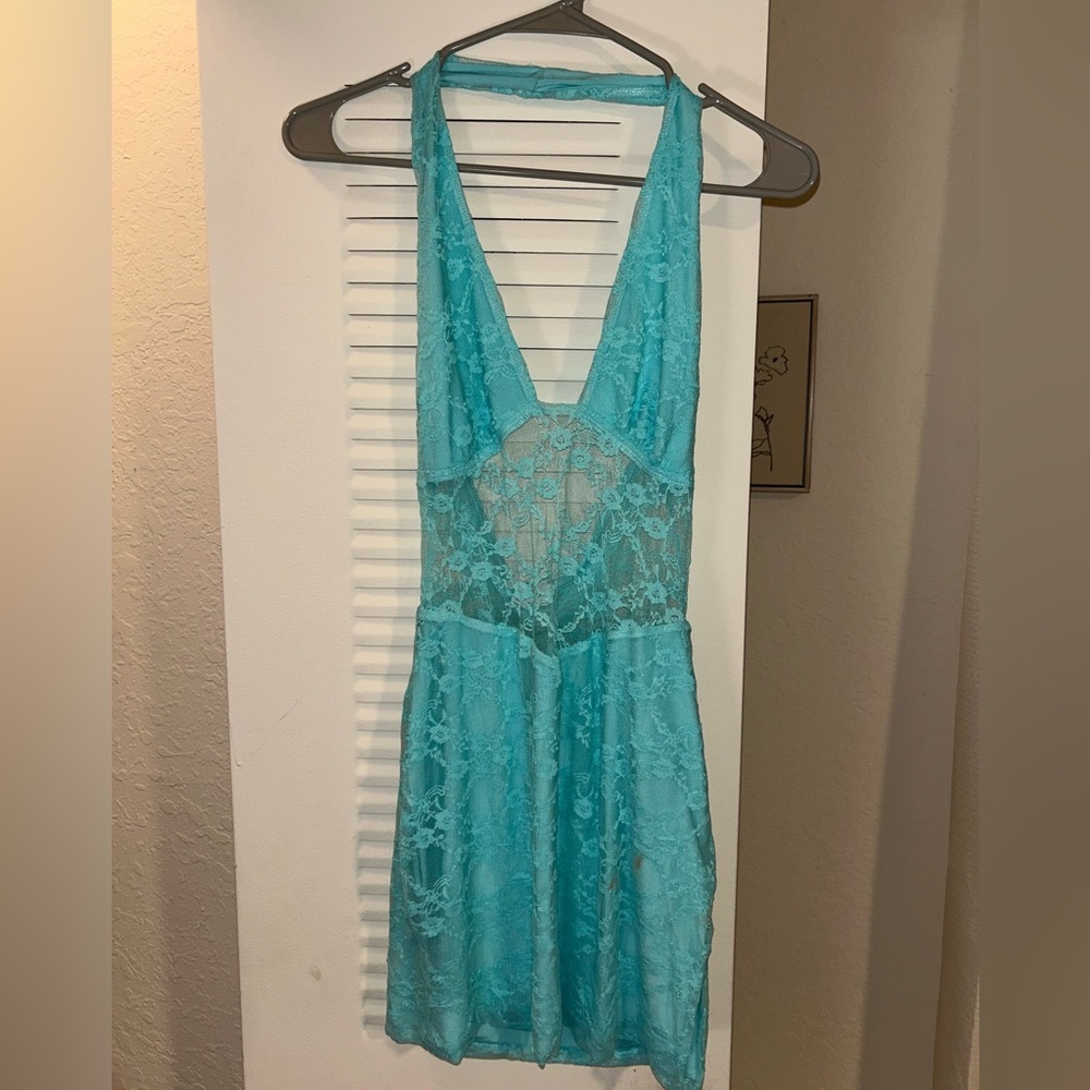 AQUAMARINE LACE HALTER MINI DRESS AQUA